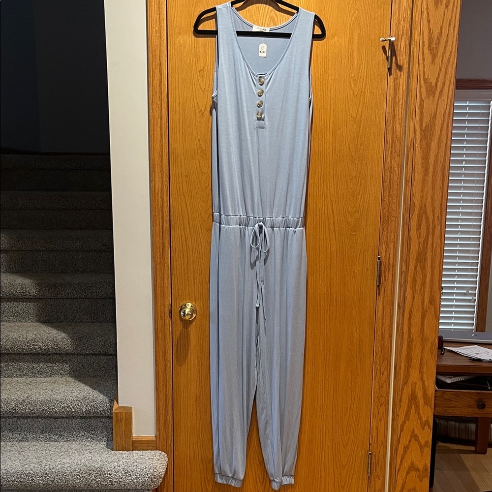 Zenana Outfitters Light Blue Sleeveless Drawstring Jumpsuit